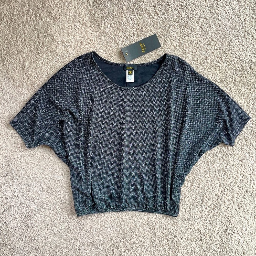 Espresso Shimmer Metallic Black Batwing Dolman Sleeve Cropped Top Size Large